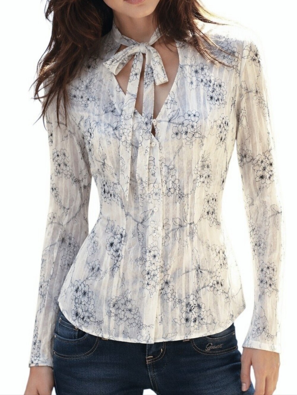 Guess Floral Tie Neck Sheer Blouse Women Large White Black